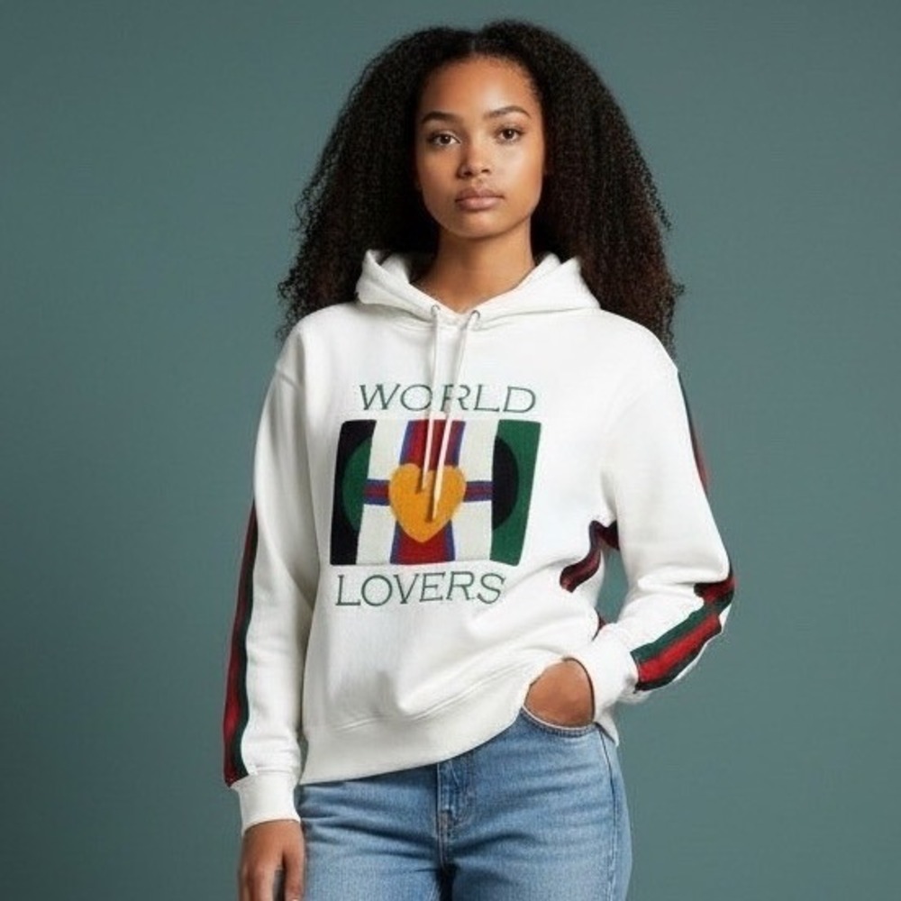 Sandro Paris Womens White World Lovers Graphic Hoodie Sweatshirt Size M